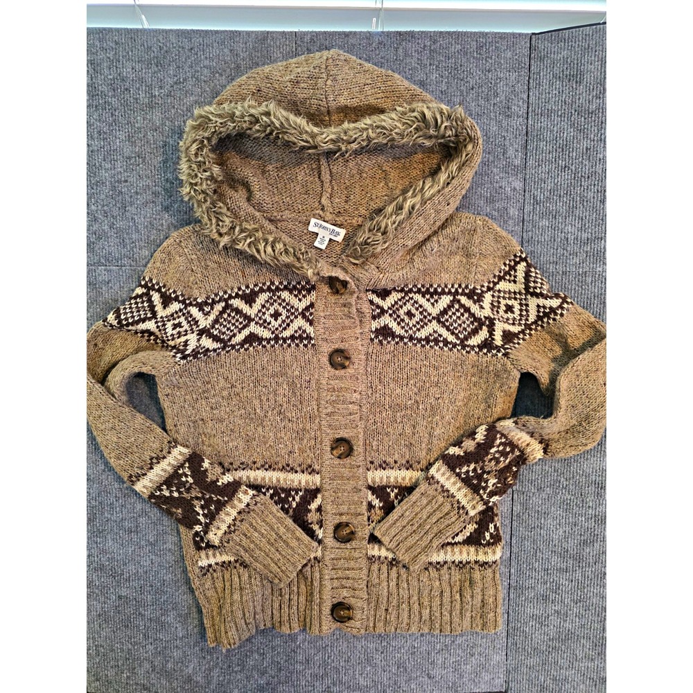 VTG Y2K St.John's Bay Fair Isle Hooded FauxFur Trim Button Cardigan Sweater Sz M